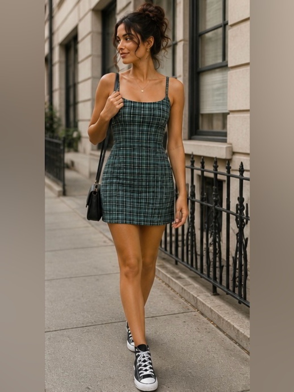 Hollister Plaid Mini Dress Green Adjustable Straps Size Medium Short